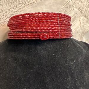Red Seed Bead Choker Cuff Necklace Small Floral Details